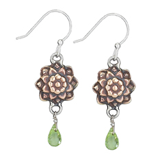 Stamp Copper Flower with Peridot Drop Earrings