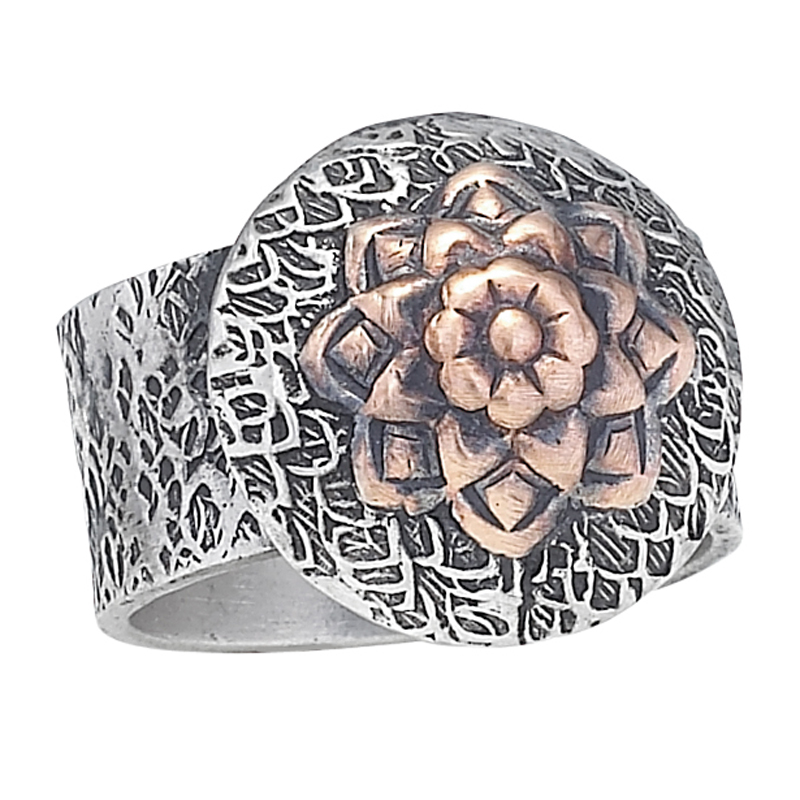 Silver Disc with Copper Flower Ring